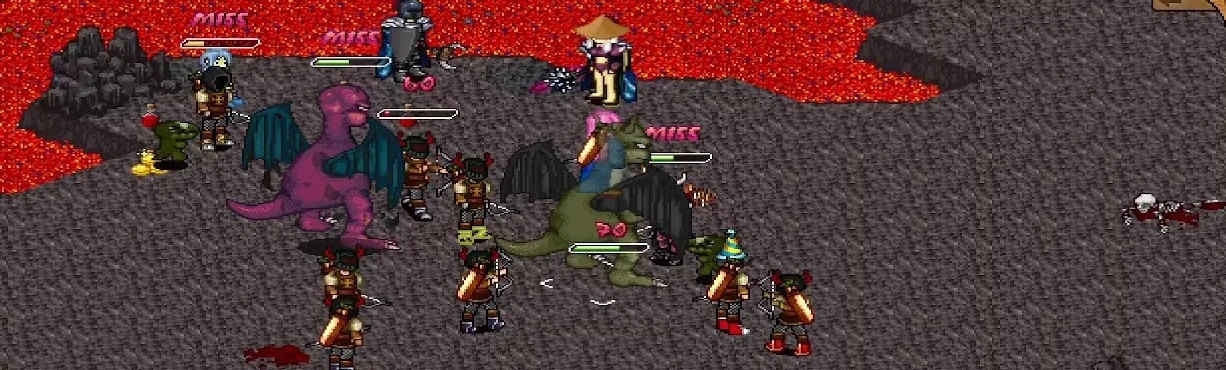 A party battles purple and green dragons on scorched rock surrounded by lava.