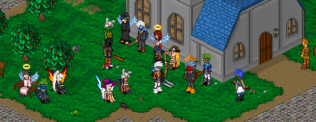 Adventurers with angel wings, halos and costumes gather on the grass beside a blue-roofed chapel.