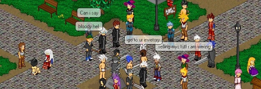 A busy cobblestone town plaza where players chat and trade.